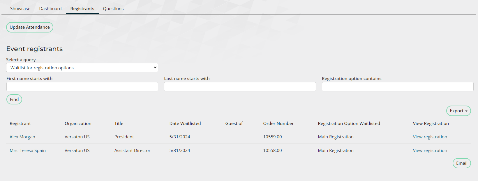 From the registrants tab, you can export and e-mail wait listed registrants.